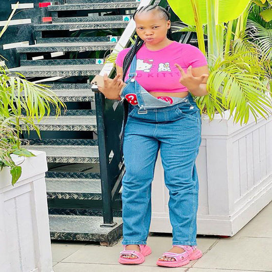 Women Fashion Casual Letter Embroidered Strap Denim Jumpsuit