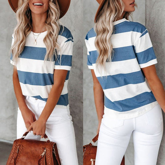 Camiseta informal básica de manga corta con cuello redondo y estampado de rayas azules para mujer