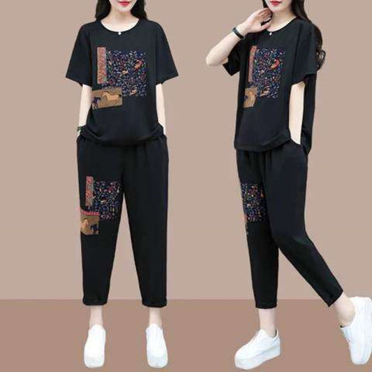 Conjunto de camiseta informal de manga corta y pantalón holgado de verano para mujer con estampado gráfico