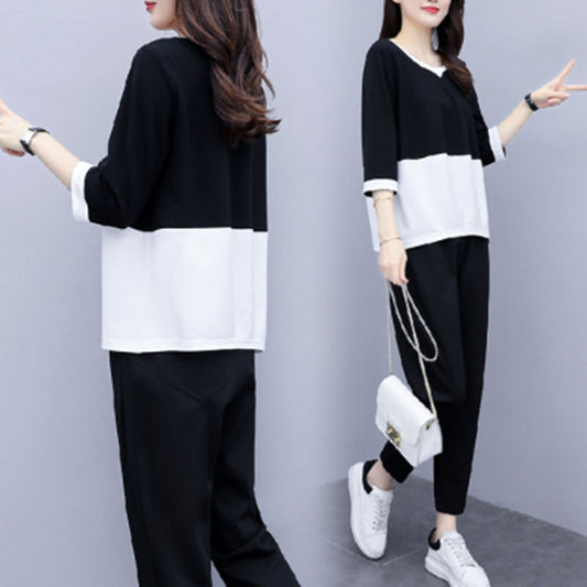 Conjunto informal de dos piezas con top y pantalón de bloques de color, holgado y de talla grande para mujer