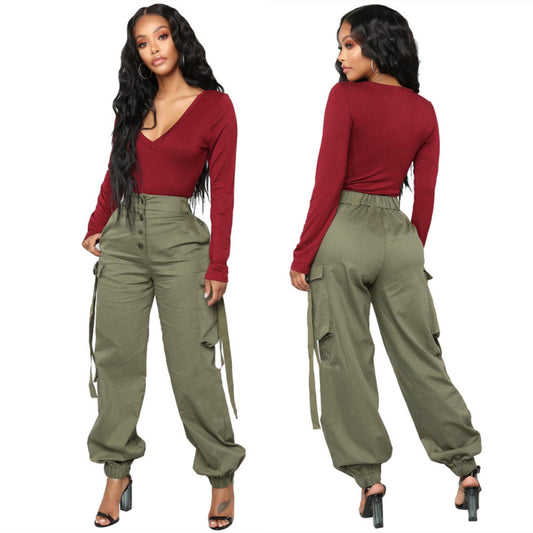 Pantalones deportivos casuales de cintura media con botones y múltiples bolsillos para mujer