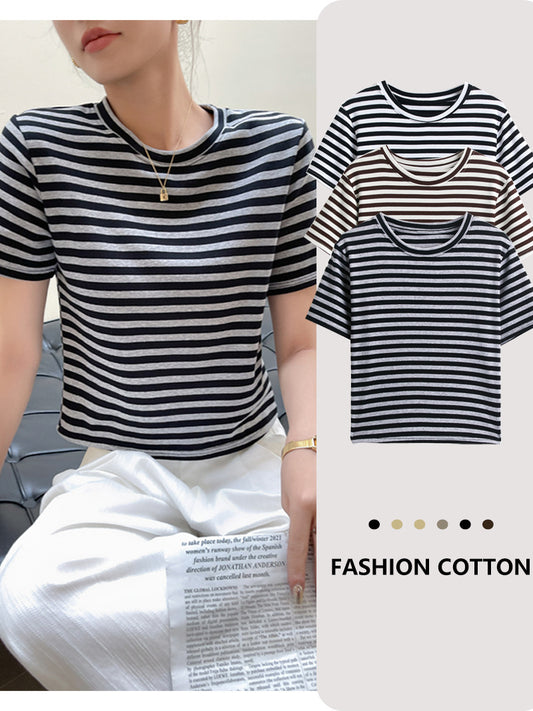 Camiseta informal de verano para mujer, con rayas, cuello redondo y manga corta