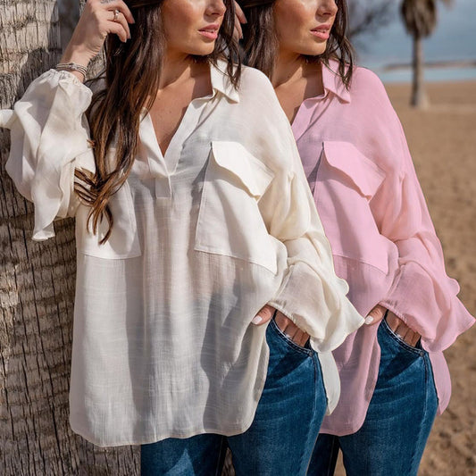 Blusa informal de algodón y lino de color liso con cuello en V y manga larga para mujer