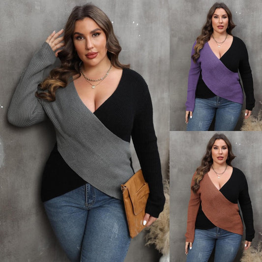 Suéter informal de punto cruzado con cuello en V y manga larga para mujer, talla grande, para invierno y otoño