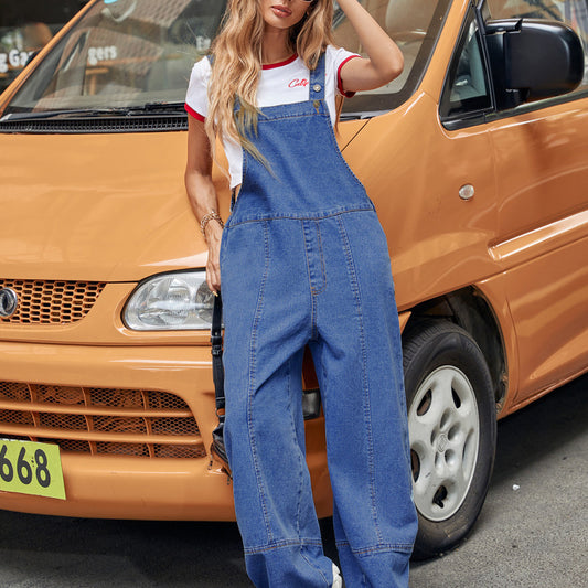 Women Fashion Casual Solid Color Street Style Loose Denim Jumpsuits