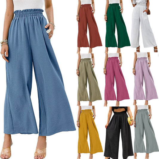Pantalones casuales de color sólido con cintura alta y pierna ancha para mujer