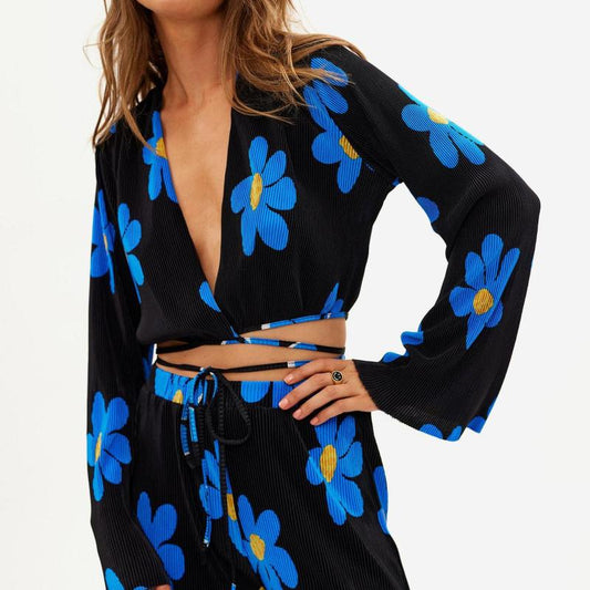 Conjunto de pantalones de manga larga con escote en V profundo y estampado floral informal a la moda para mujer