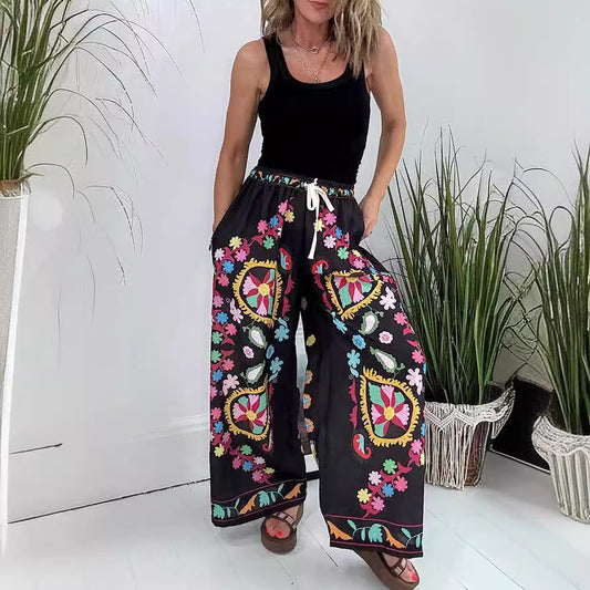 Ethnic Vintage Boho Women Spring And Summer Lace-Up Imitation Denim Floral Printed Pocket Loose Casual Pants