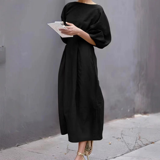 Women Casual Solid Color Loose Puff Sleeve Maxi Dress