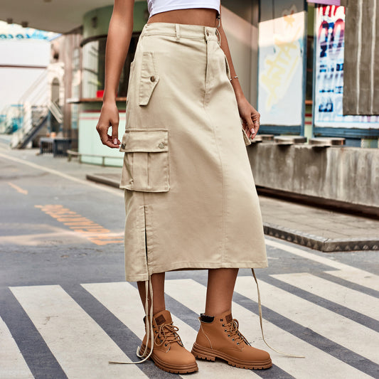 Falda vaquera informal de moda para mujer con bolsillos y cordones de longitud media