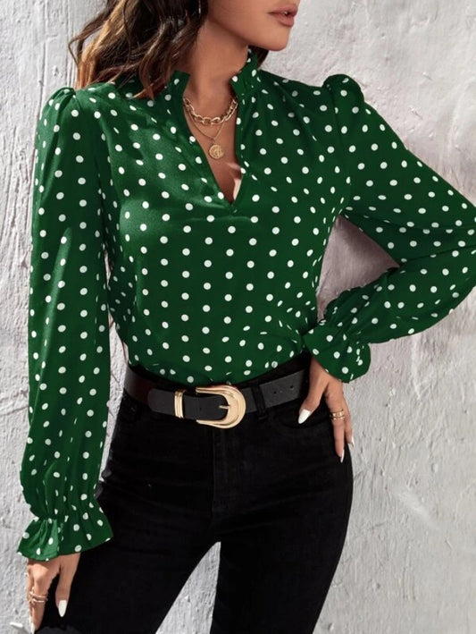 Women Casual Long Sleeve Polka Dot Slim Long-Sleeved Chiffon Shirt Blouse