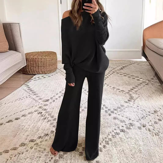 Conjunto de dos piezas formado por top y pantalón informal, manga larga, cuello redondo, color liso, para mujer, otoño e invierno