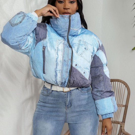 Chaqueta vaquera de algodón con estampado de cremallera y manga larga informal holgada para mujer para otoño e invierno