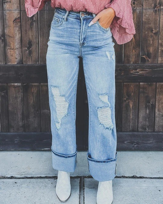 Vaqueros rectos, holgados, rotos y versátiles de cintura alta para mujer