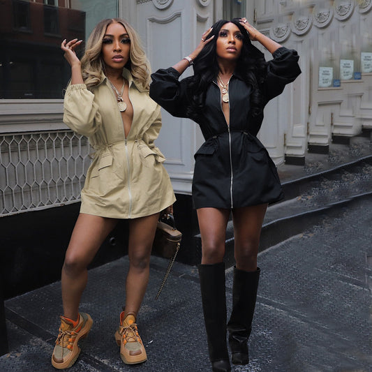 Women Fashion Casual Drawstring Defined Waist Long Sleeve Dress