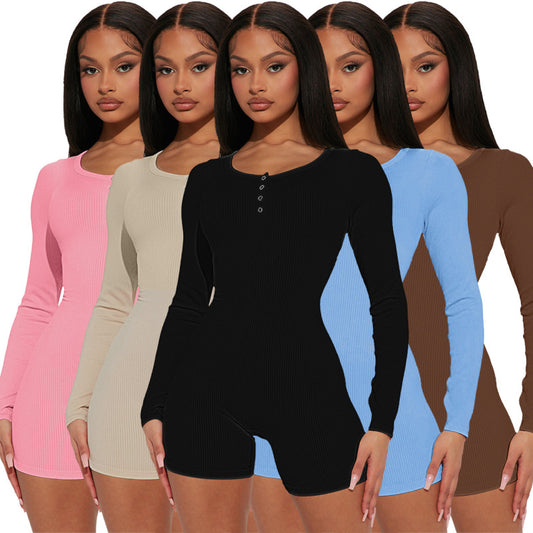 Women Solid Color Threaded Round Neck Sports Casual Rompers