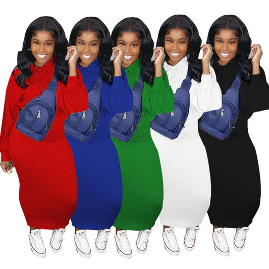 Women Fashion Solid Color Casual Hooded Long-Sleeved Sweat Two-Piece Skirt Set