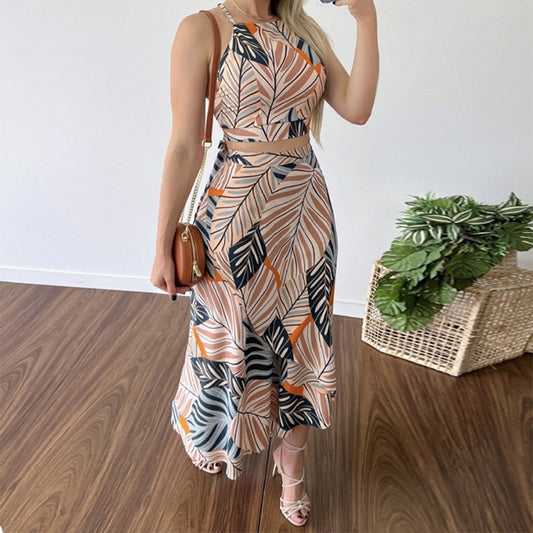 Conjunto de dos piezas para mujer, con top sin mangas y cuello halter estampado y falda de cintura alta, estilo informal y moderno para vacaciones.