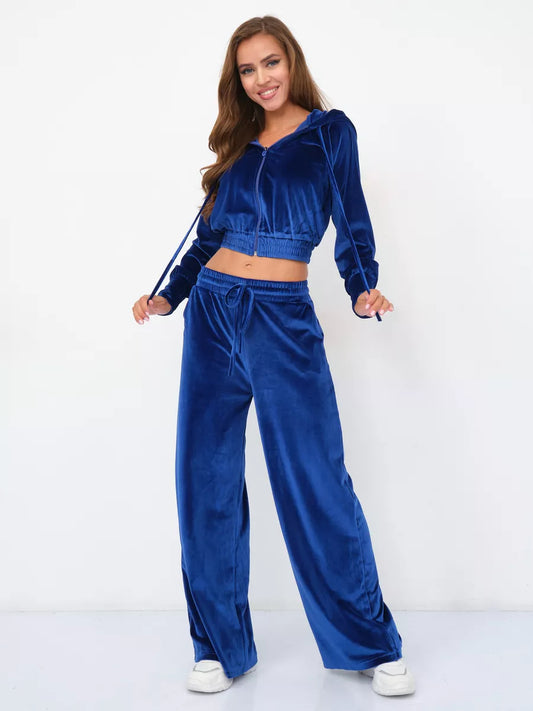 Conjunto de dos piezas de cárdigan con cremallera y pantalones de terciopelo con cordones para mujer, informal y a la moda.