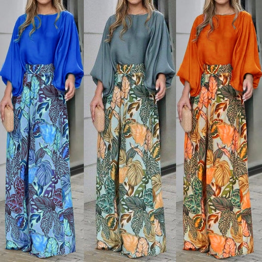 Conjunto de dos piezas para mujer, informal, con mangas abullonadas, top holgado y pantalones anchos estampados