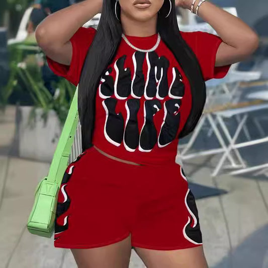 Conjunto de dos piezas de top y pantalones cortos holgados de manga corta con estampado informal a la moda para mujer
