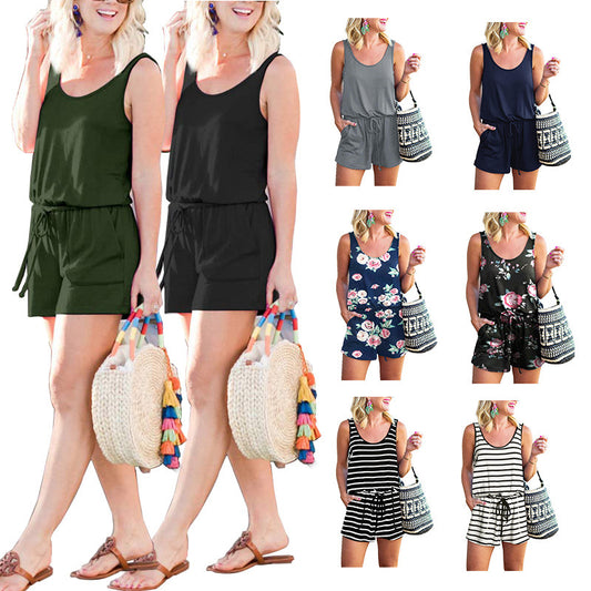 Women Casual Summer Vacation Solid Color U Neck Drawstring Loose Sleeveless Rompers