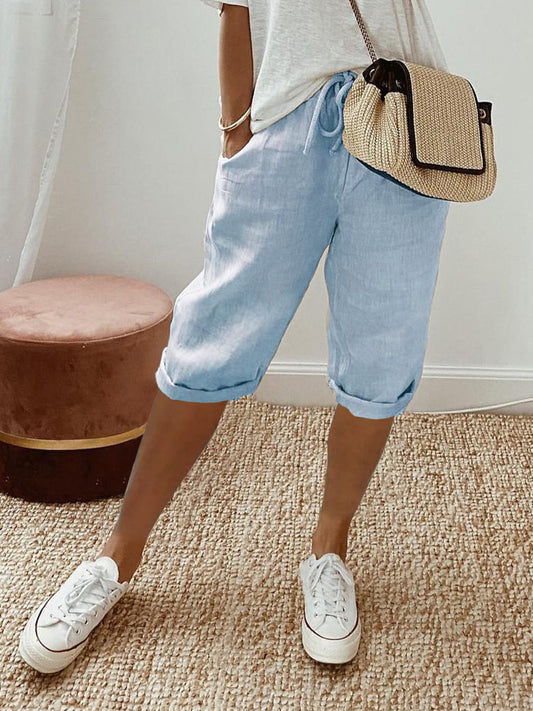 Pantalones casuales de algodón y lino para mujer, de color liso y con bolsillos