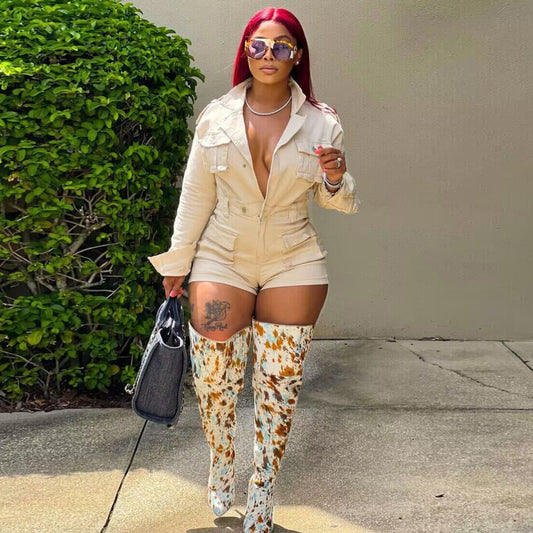 Women Fashion Casual Solid Color Denim Long Sleeve Single-Breasted Rompers