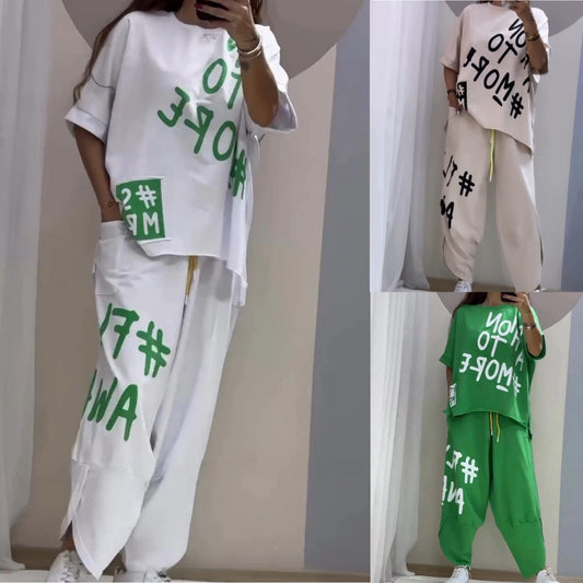 Conjunto de dos piezas de top y pantalón de manga corta con cuello redondo y estampado de letras para mujer