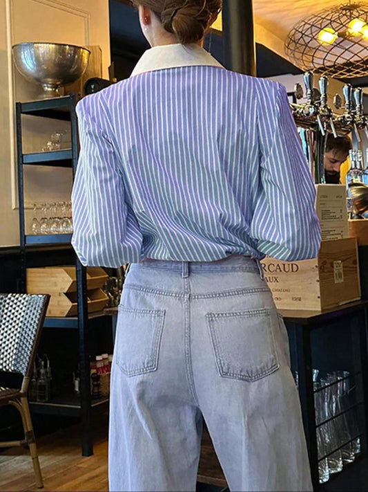 Blusa informal de manga larga con solapa y rayas para mujer