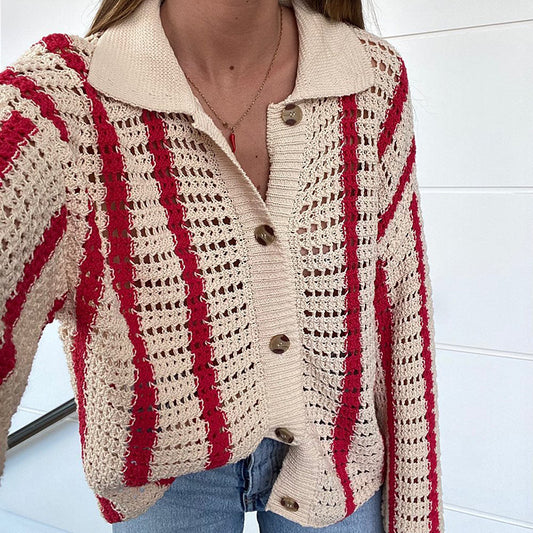 Women Sweet Casual Stripe Hollow Knitted Cardigan Jacket Top And Shorts Two Pieces Set