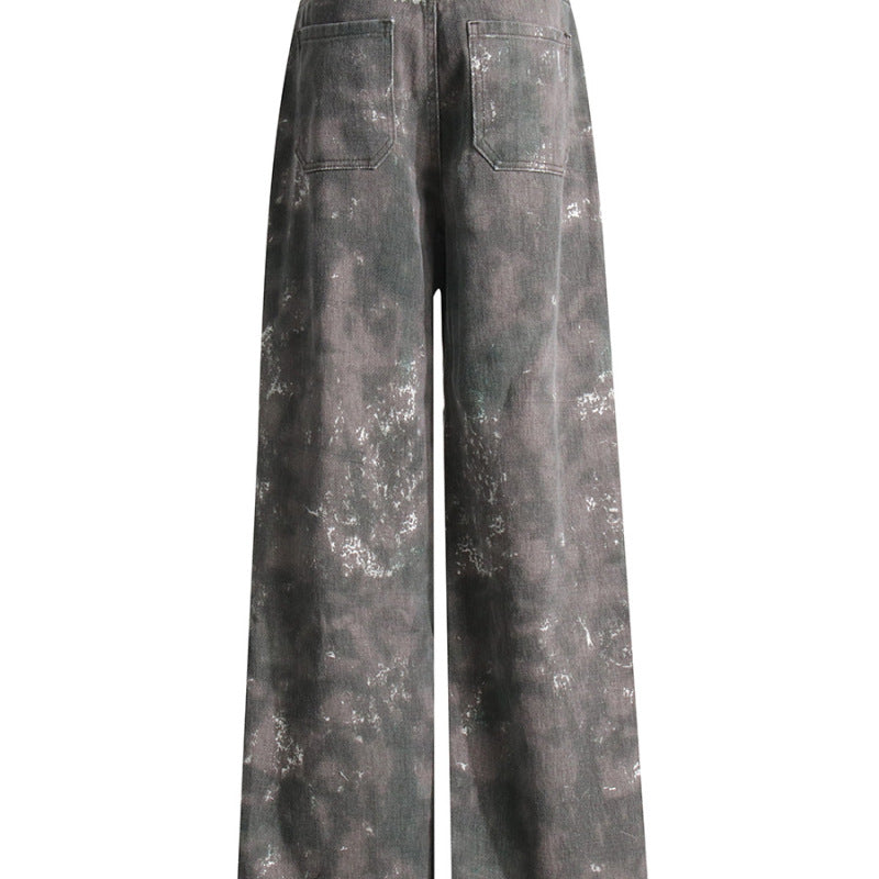 Women Fashion Casual Street Pocket Wide-Leg Camouflage Loose Overalls Washed Jeans Cargo Pants