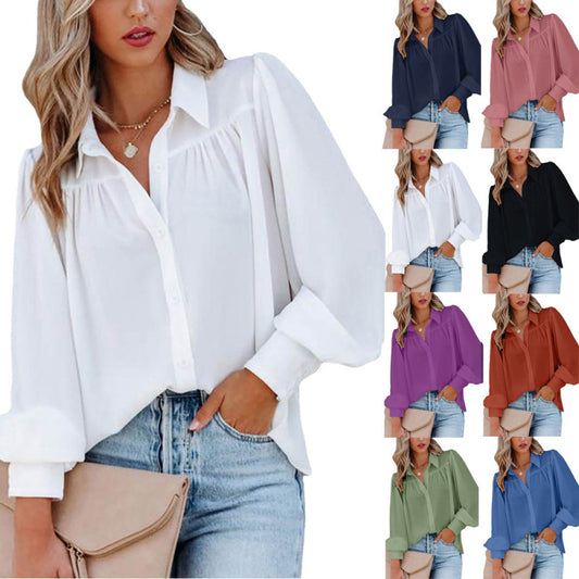 Casual Elegant Women Office Chic Solid Color Lapel Shirt Blouse
