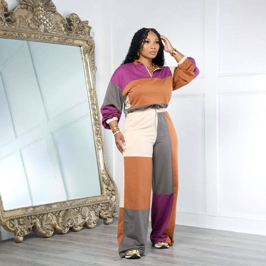 Women Casual Sports Printed Zipper Drawstring Top Loose Pants Two-Piece Set