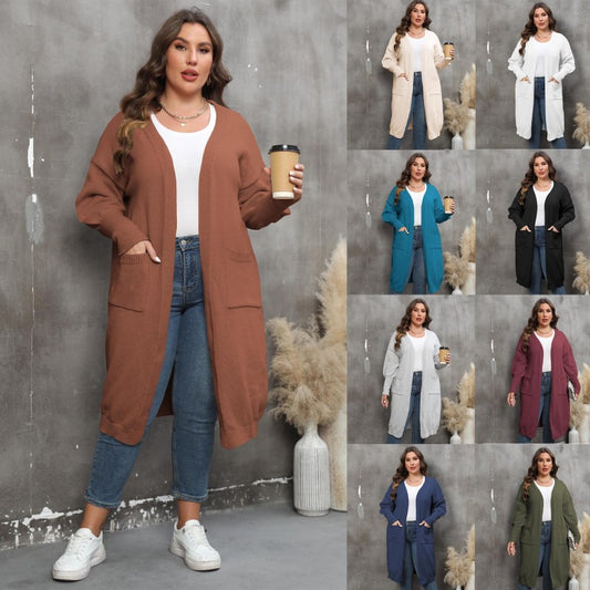 Casual Women Plus Size Winter Autumn Solid Color Pocket Knitted Sweater Cardigan Coat