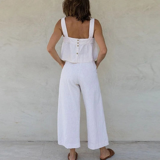 Conjunto de dos piezas de top con tirantes y pantalones anchos con diseño de botones para mujer