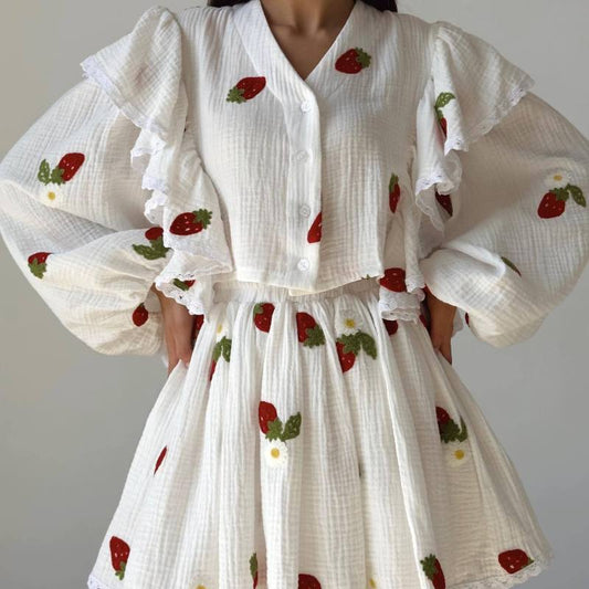 Fashion Casual Sweet Women Strawberry Heart Floral Print Long Sleeve Ruffled Blouse And Skirt Set