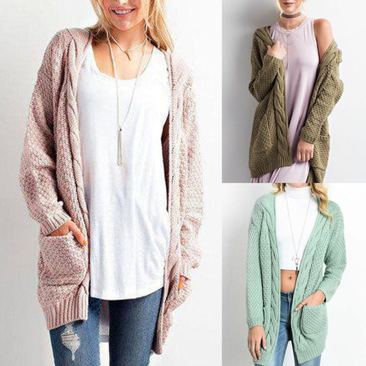 Suéter de punto de color liso informal para mujer, cárdigan de invierno y otoño