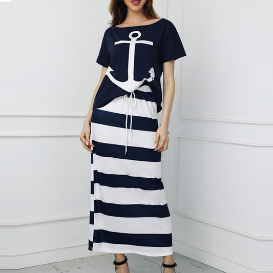 Women Casual Edgy Graphic Printed Top And Striped Color Blocking Skirt Set