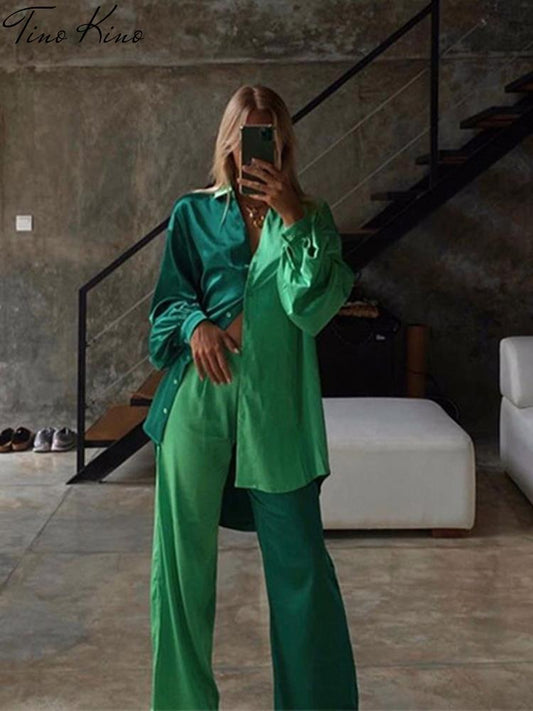 Conjunto de dos piezas formado por camisa y pantalón de retazos para mujer, informal, de manga larga, blusa y pantalón de cintura alta