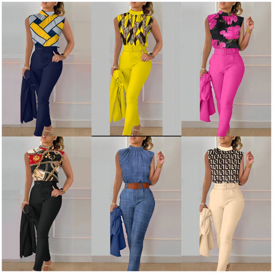 Women Fashion Casual Geometric Floral Printed Vest Casual Pants Two-Piece Set Without Jacket