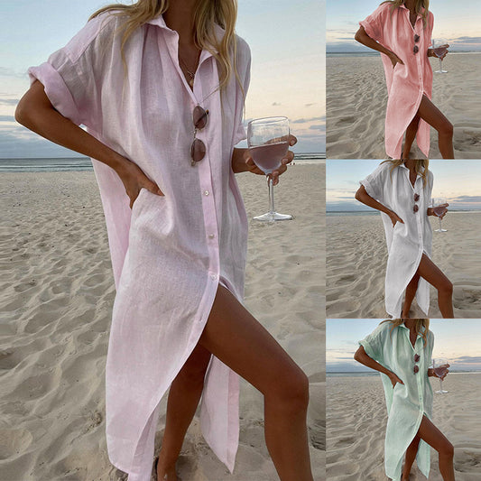 Women Fashion Casual Solid Color Cotton Linen Shirt Maxi Dress