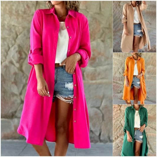 Abrigo tipo camisa con botones largos para mujer, informal, holgado, de color liso, a la moda