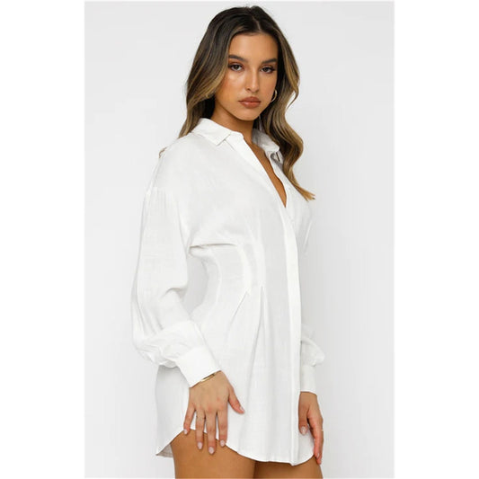 Women Autumn And Winter Solid Color Casual Defined Waist Shirt Dress
