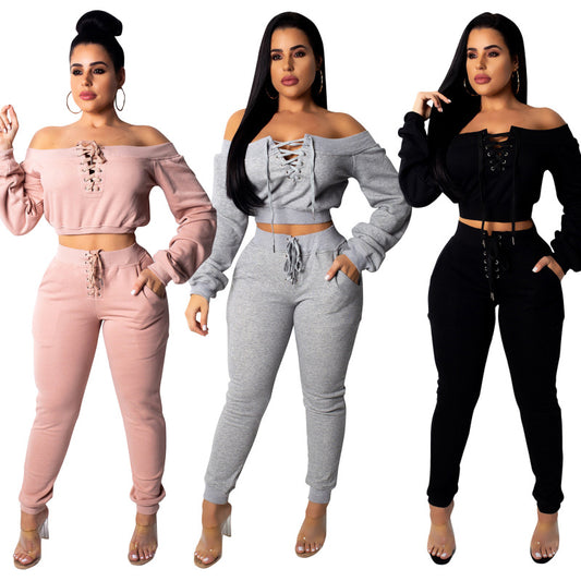 Conjunto de dos piezas para mujer, de color liso, manga larga, hombros descubiertos, con cordones y pantalones casuales, a la moda.