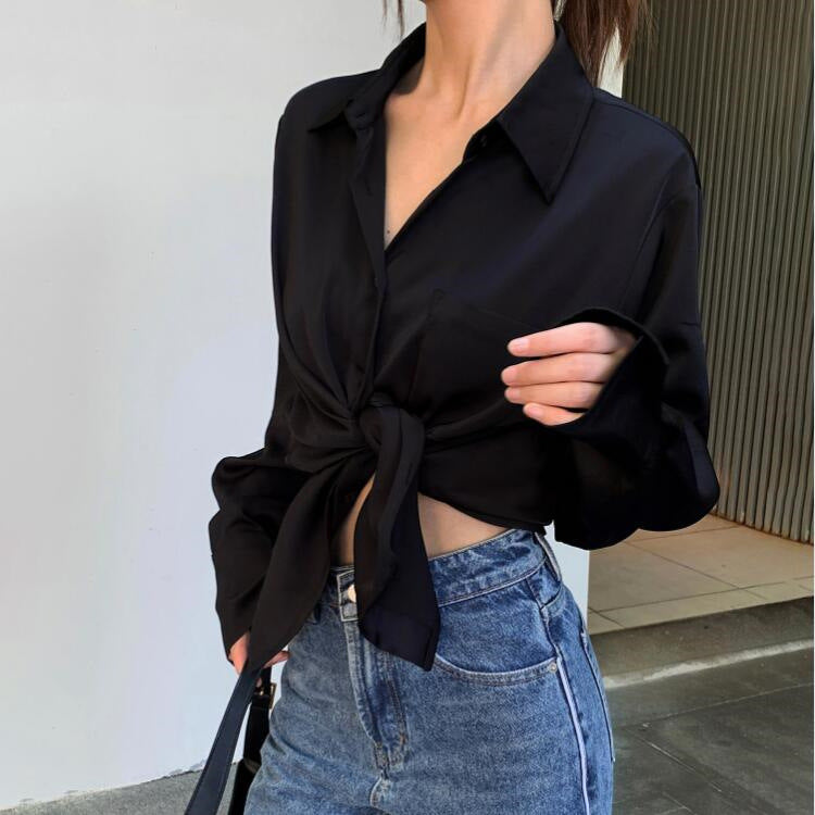 Blusa informal de manga larga con solapa de satén de color liso para mujer