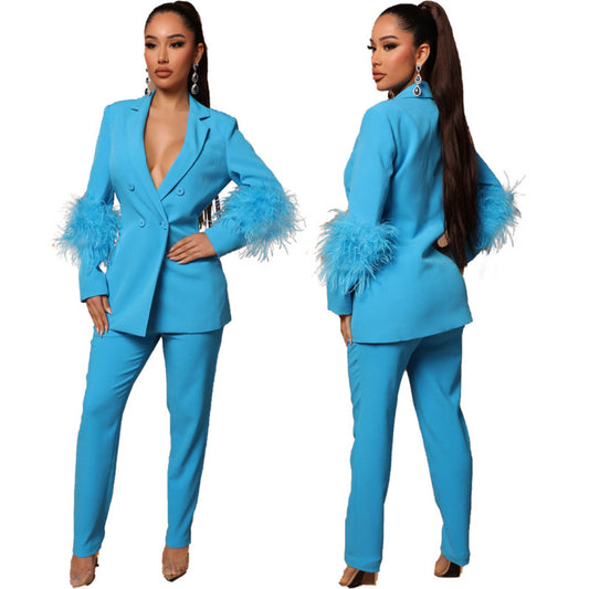 Chaqueta informal de moda para mujer, color liso, con puños de plumas y cuello en V, pantalones ajustados, 2 piezas
