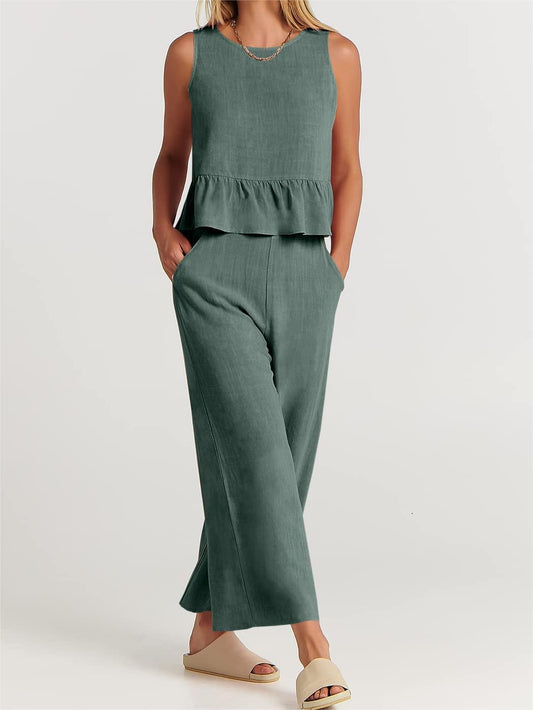 Conjunto informal de verano para mujer, blusa sin mangas con volantes y pantalones de pierna ancha