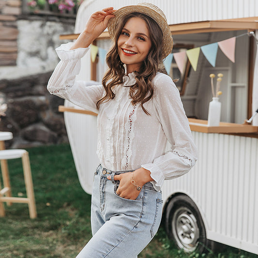 Blusa informal de algodón con mangas abullonadas y costuras caladas para mujer