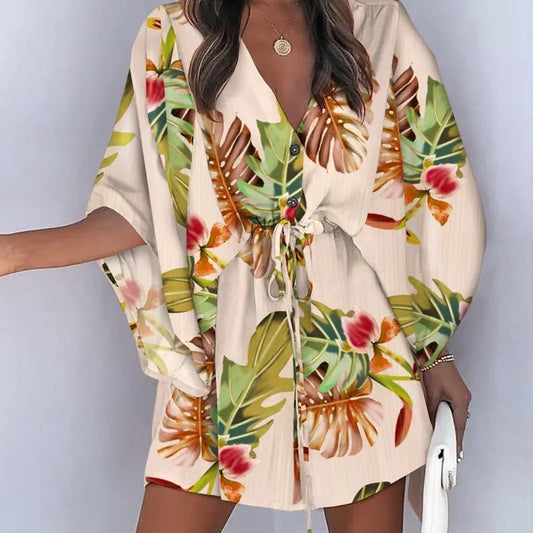 Women'S Casual V-Neck Drawstring Print Dress